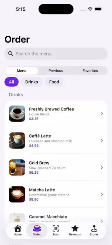 RYNH Bean and Leaf loyalty app order screen, showing a cafe menu with drinks and a bottom tab bar