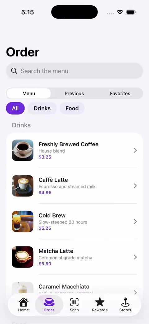 The Bean and Leaf loyalty app order screen, showing a cafe menu with drinks and a bottom tab bar