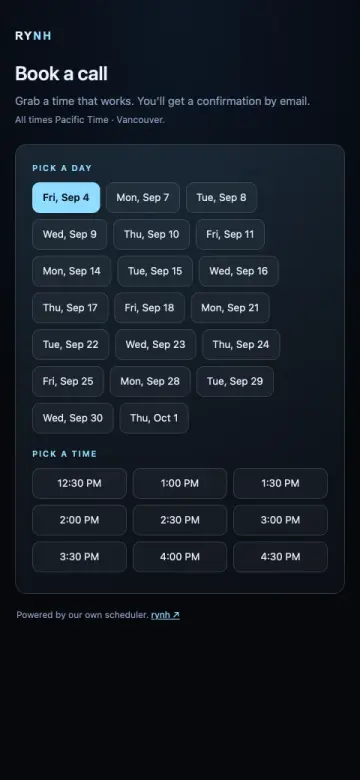 RYNH booking page showing selectable days across four weeks and a grid of available appointment times