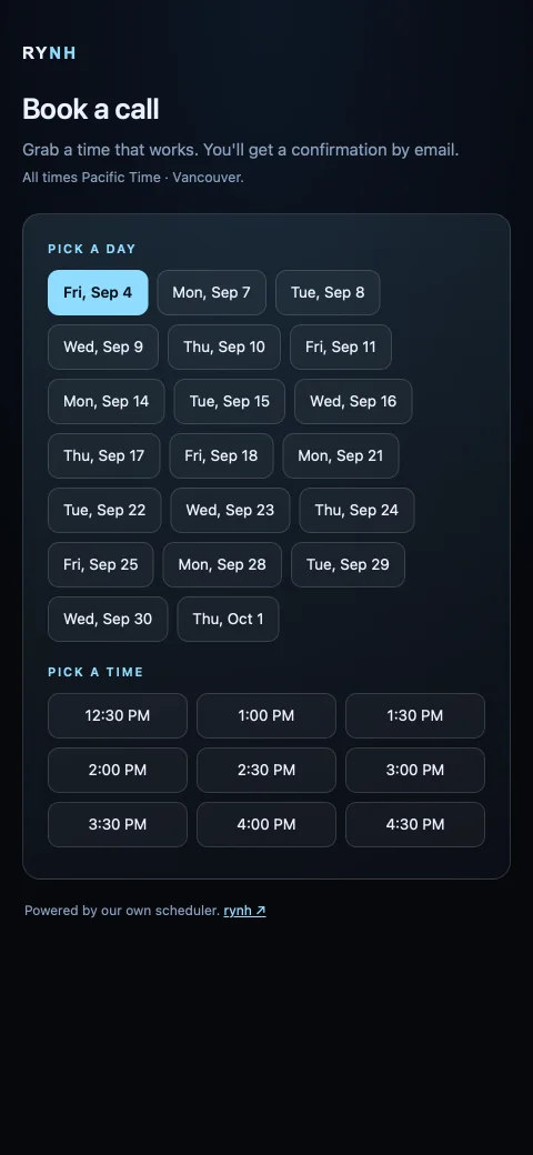 RYNH booking page showing selectable days across four weeks and a grid of available appointment times