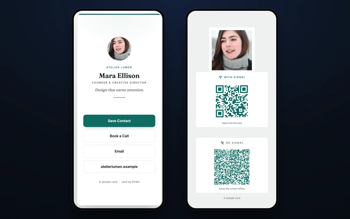 RYNH digital business card beside a phone lock screen carrying two QR codes, one that opens the card and one that saves the contact offline