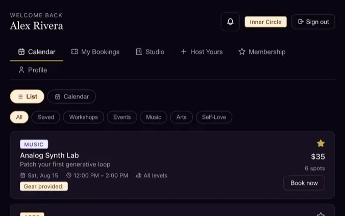 RYNH members portal dashboard for a creative arts space, showing a class schedule with prices, spots, and a booked session
