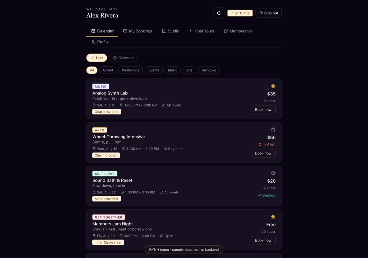 Members portal dashboard for a creative arts space, showing a class schedule with prices, spots, and a booked session
