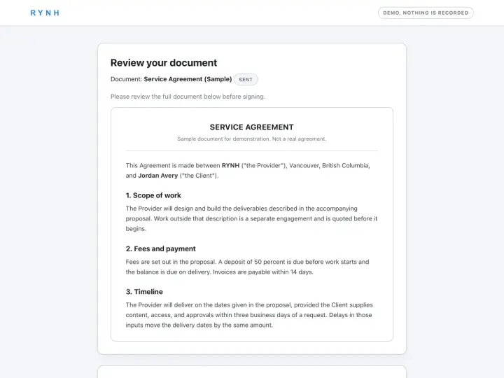 RYNH document signing page showing a service agreement, a signature field, and an electronic signature consent box