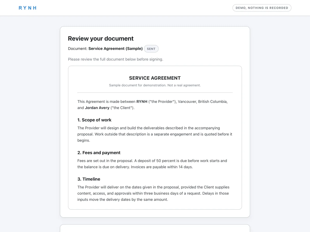 RYNH document signing page showing a service agreement, a signature field, and an electronic signature consent box