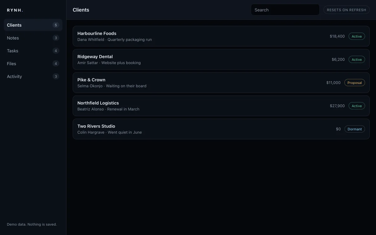 RYNH client workspace showing contacts, values and status, beside a sidebar for notes, tasks, files and activity